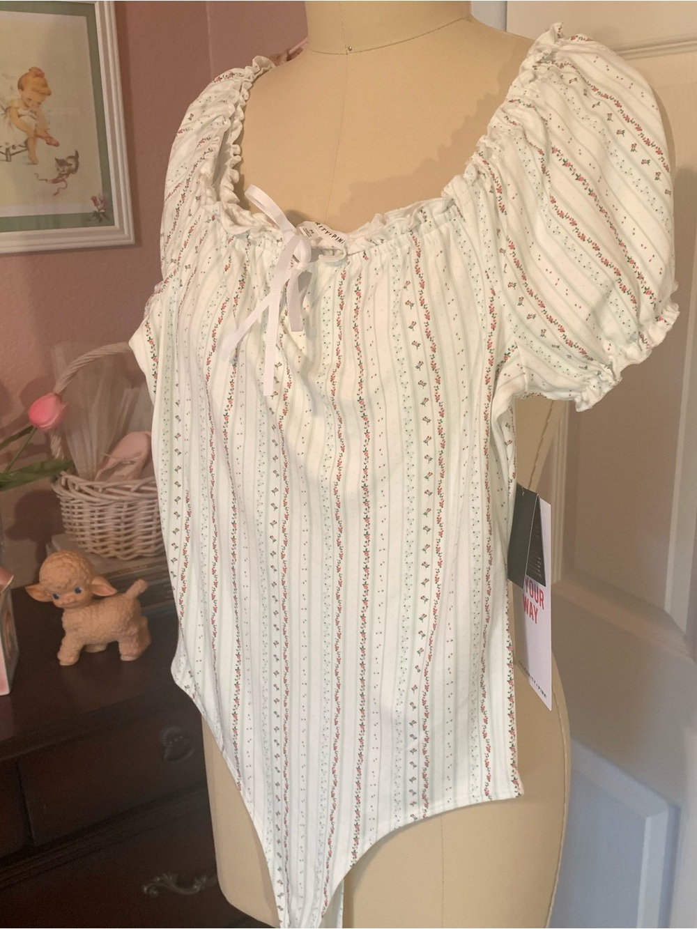 CELEBRITY PINK NWT White Peasant-Style Bodysuit with Delicate Stripe Print
